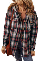 Women's Shirts - ShacketsRed Plaid Print Chest Pocket Buttoned Hooded Shacket - VacationGrabs