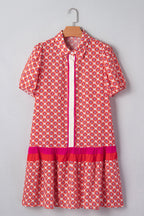 Floral Geometric Colorblock Ruffle Hem Dress