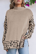 Women's SweatersKhaki Leopard High Neck Side Slit Oversized Sweater - VacationGrabs