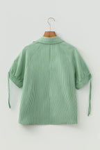 Stripe Tied Short Sleeve Collared Blouse