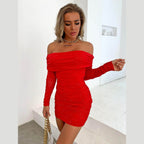 Glitter Mesh Off-Shoulder Ruched Mini Dress - VacationGrabs
