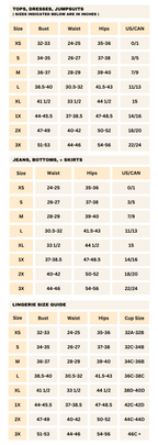 Size chart for tops, dresses, jumpsuits, jeans, buttons, and skirts with weight and height ranges.