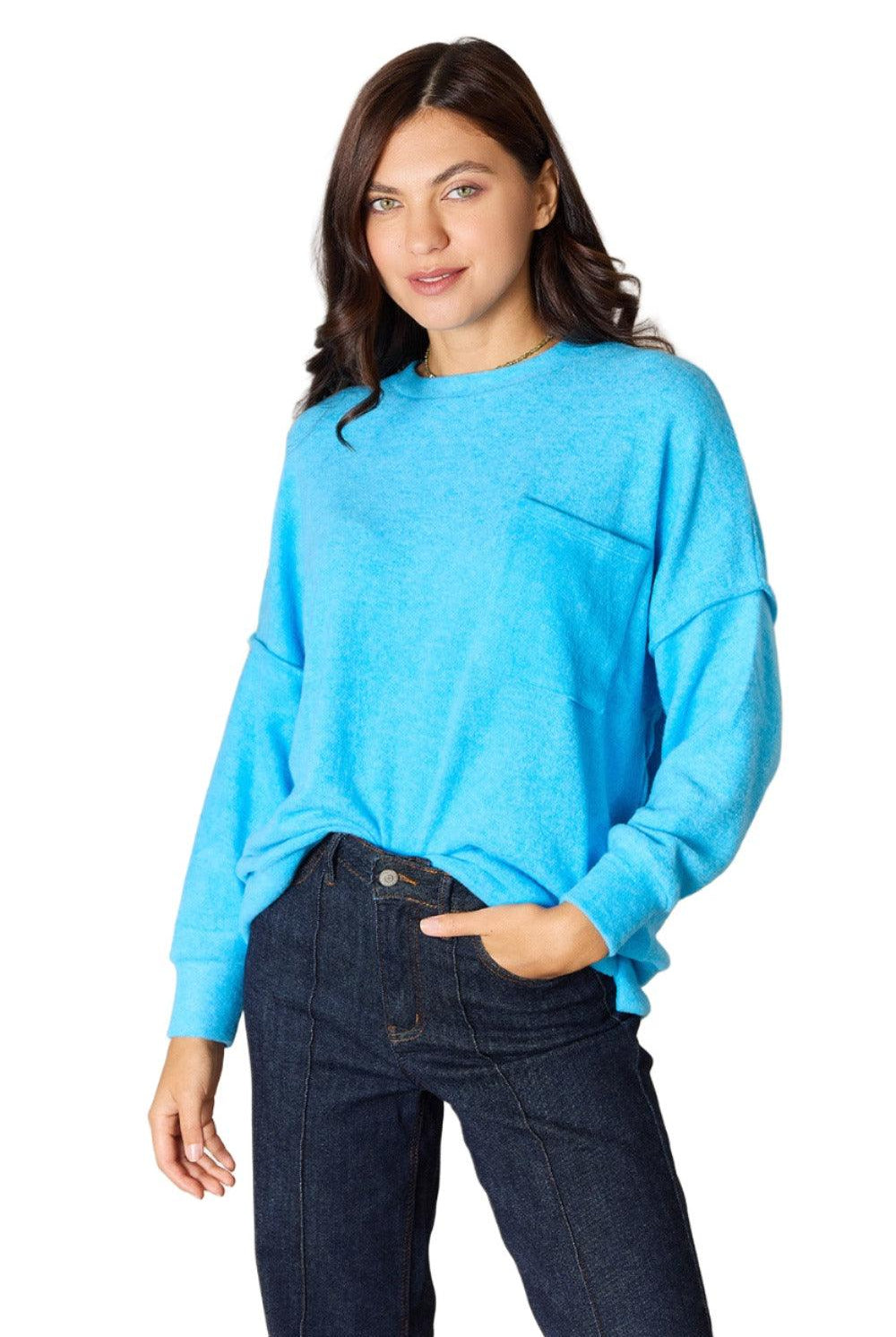 Women's Sweaters Zenana Round Neck Long Sleeve Sweater with Pocket