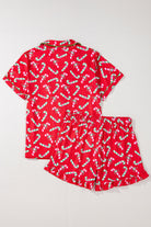 Women's Sleepwear/LoungewearRed Christmas Candy Cane Print Pocketed Knotted Pajama Set - VacationGrabs