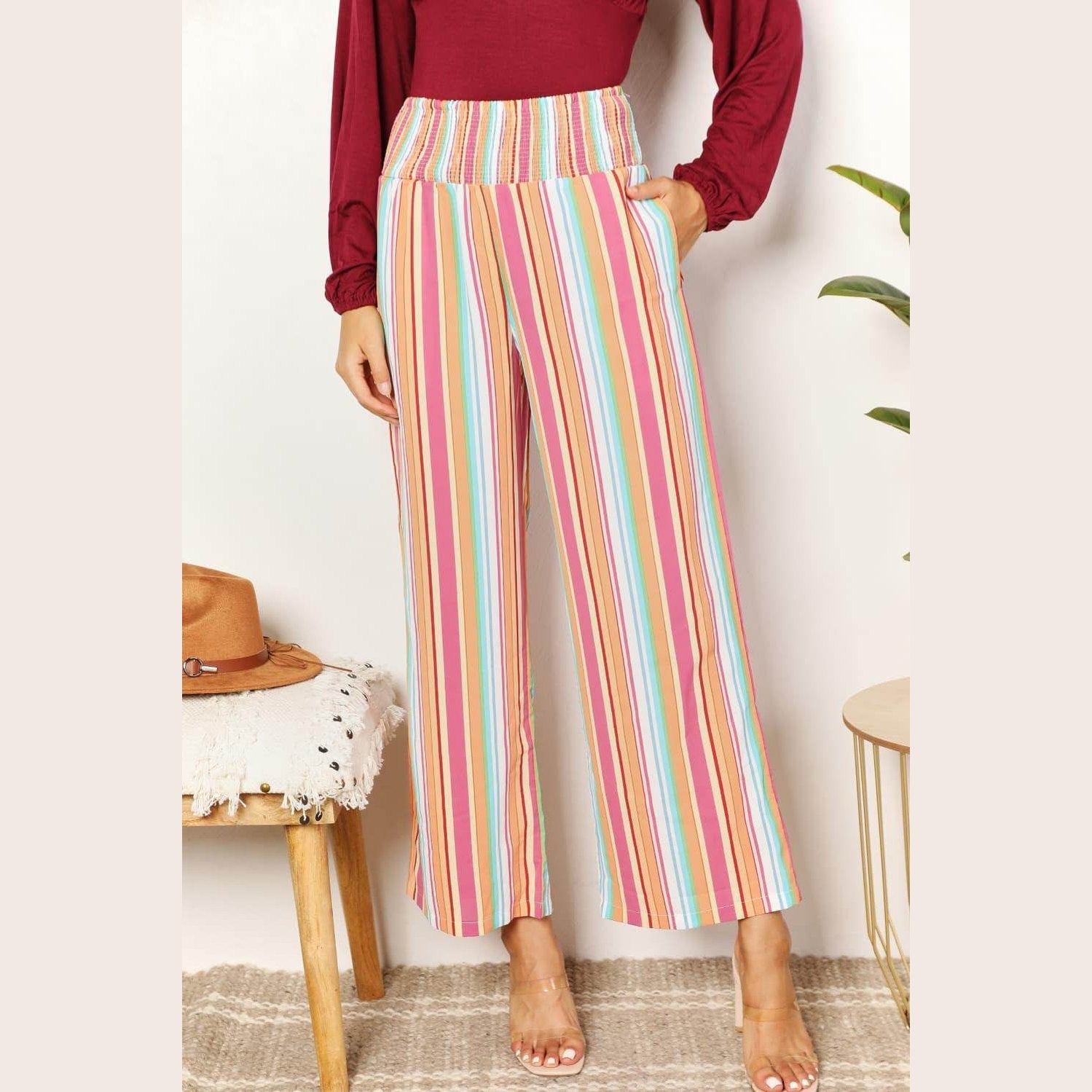 Double Take Striped Smocked Waist Pants with Pockets - VacationGrabs