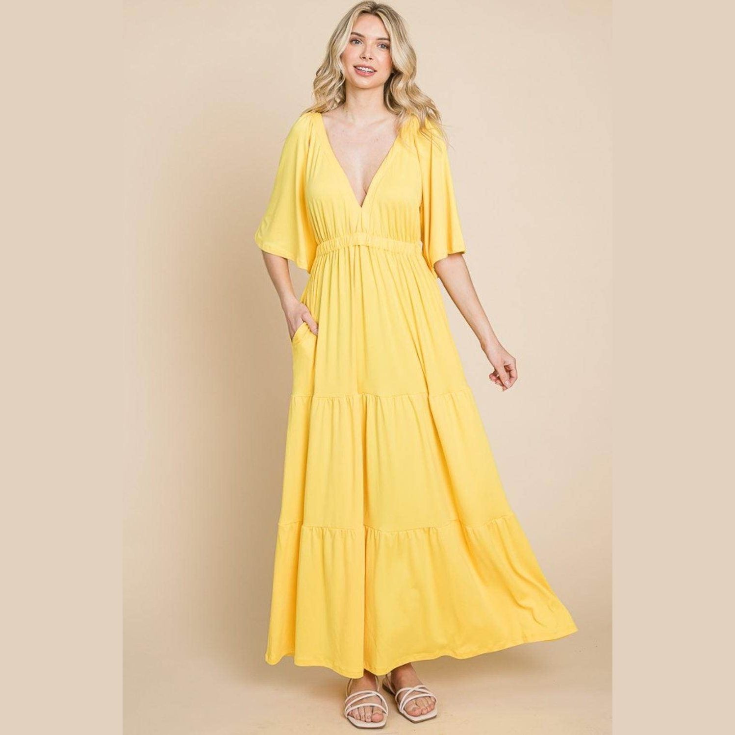 Culture Code Backless Plunge Half Sleeve Tiered Dress - VacationGrabs