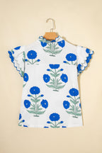 Flower Scallop Contrast Trim Short Sleeve Blouse