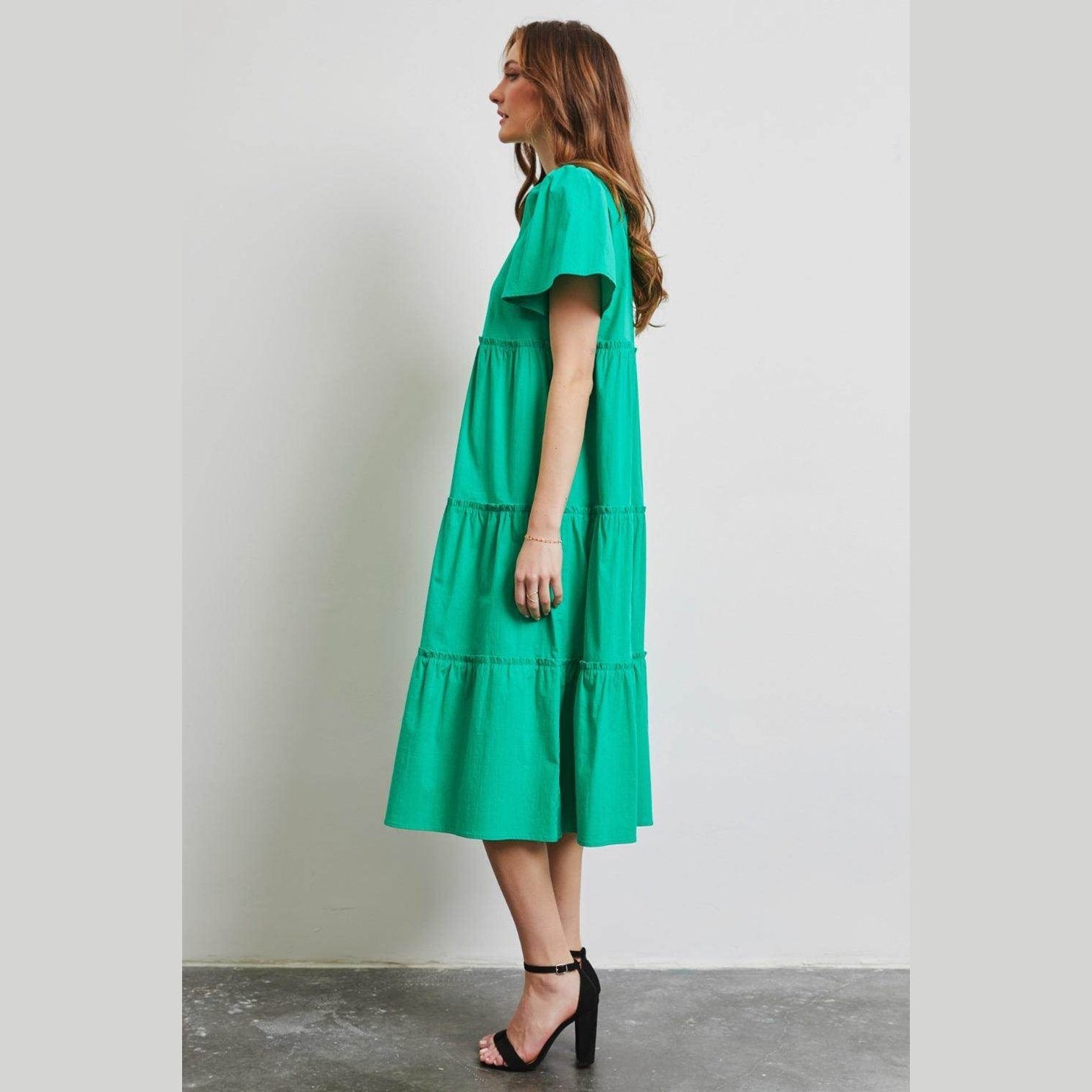 HEYSON Full Size Cotton Poplin Ruffled Tiered Midi Dress - VacationGrabs