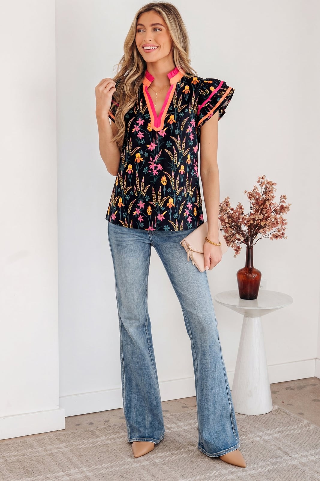 Floral Contrast Trim Tiered Ruffle Short Sleeve Blouse
