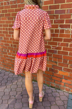 Floral Geometric Colorblock Ruffle Hem Dress