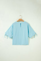 Solid Pleated Tie Sleeve Babydoll Blouse