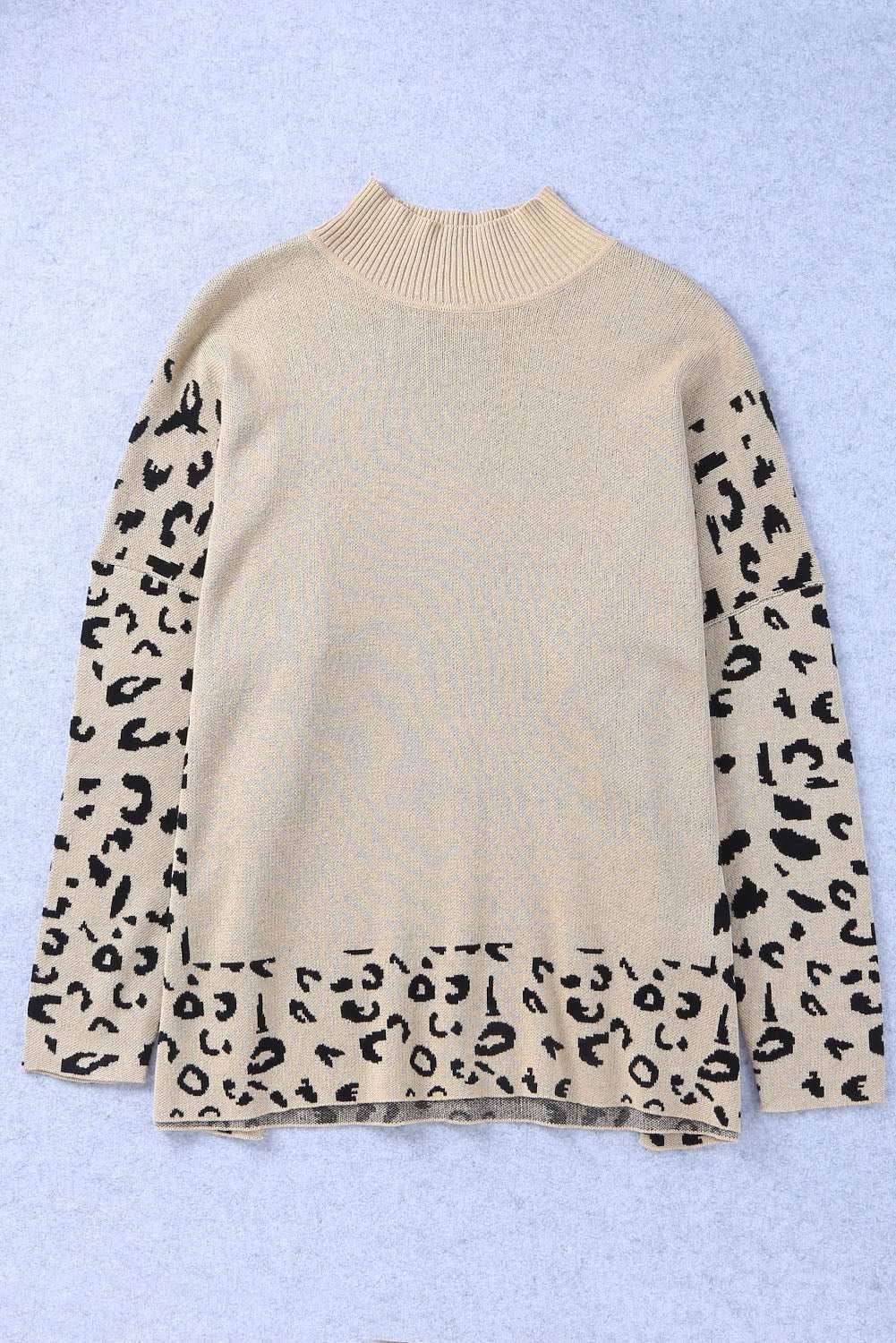 Khaki Leopard High Neck Side Slit Oversized Sweater - VacationGrabs