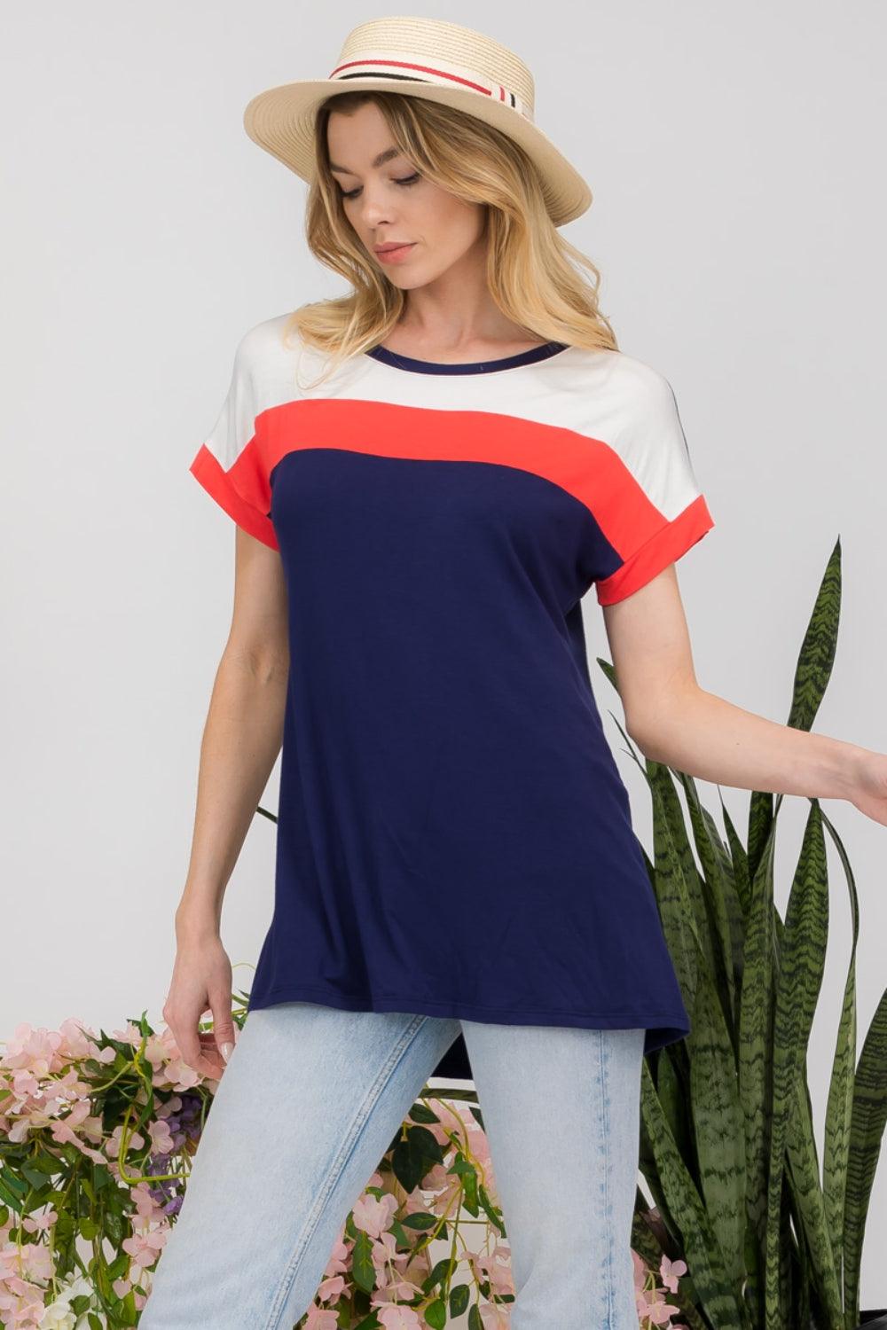 Women's Shirts - T-Shirts Celeste Full Size Color Block Round Neck Short Sleeve T-Shirt