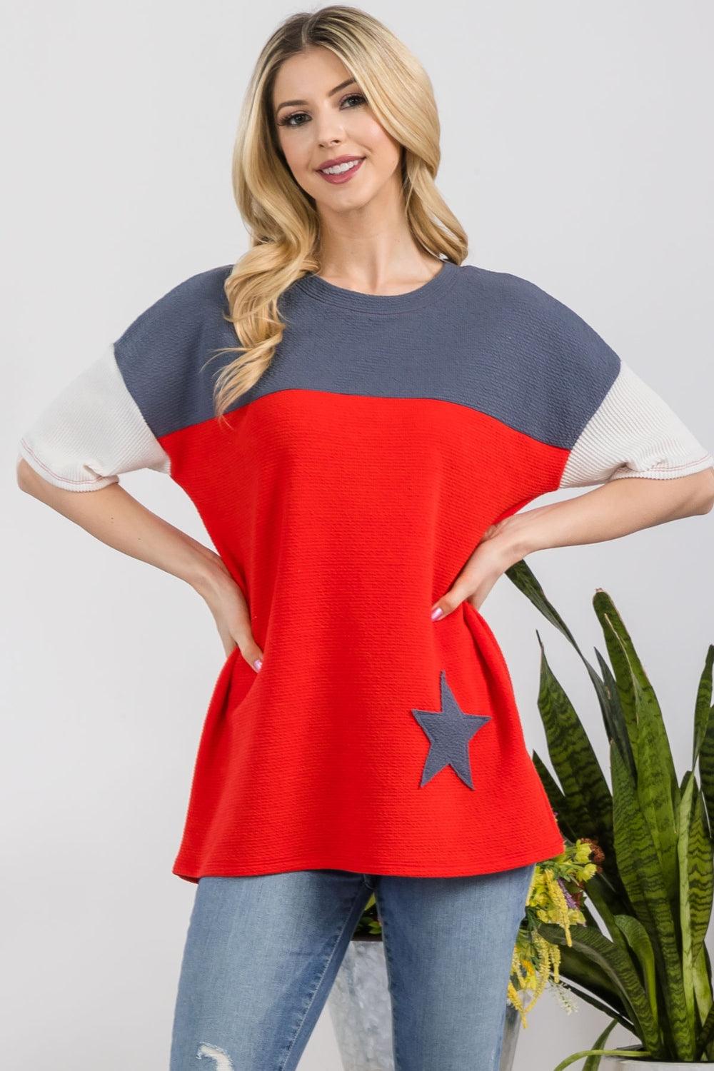 Women's Shirts Celeste Full Size Ribbed Star Color Block T-Shirt