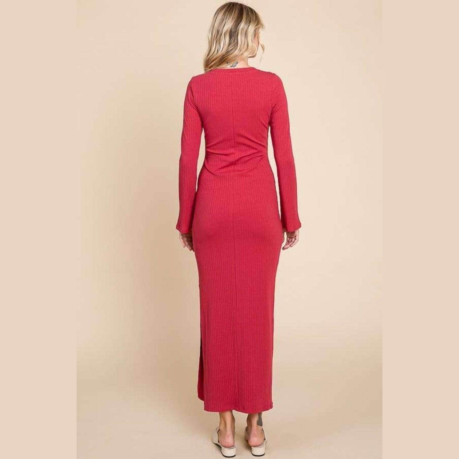 Culture Code Full Size Round Neck Bodycon Bell Maxi Dress - VacationGrabs