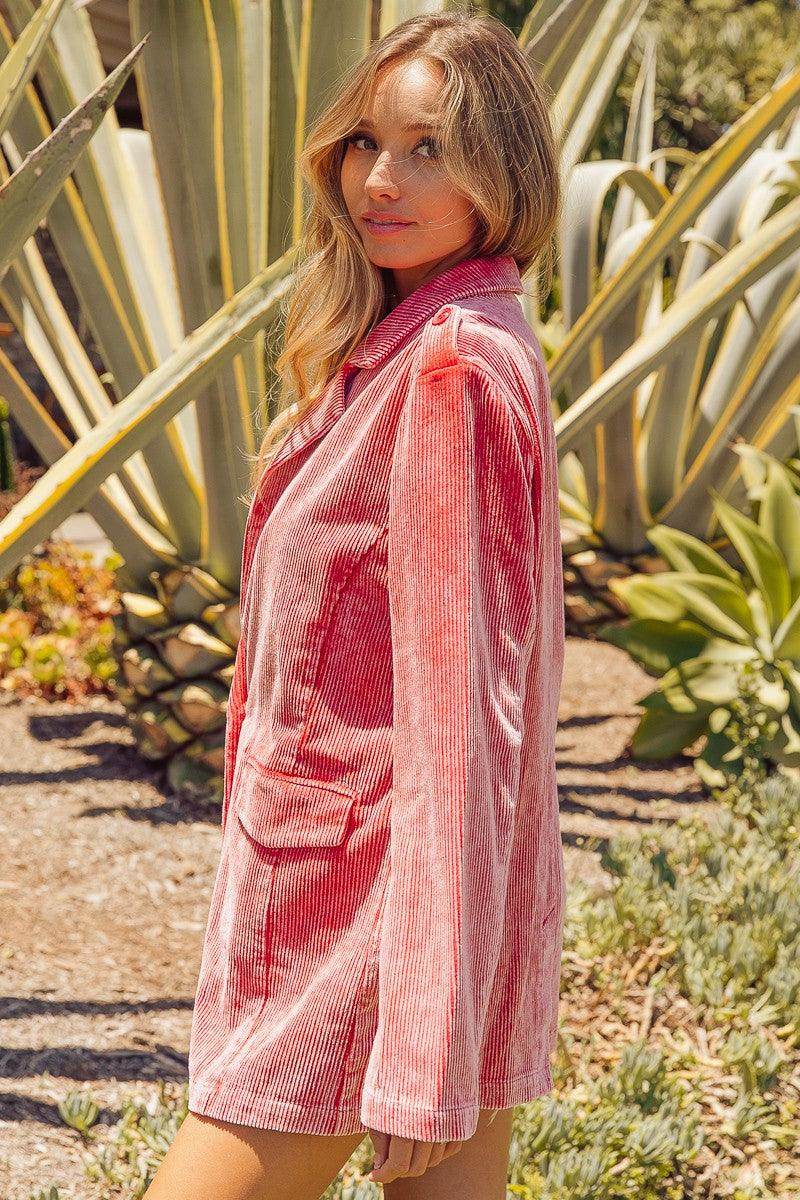 BiBi Ribbed Button Up Long Sleeve Blazer - VacationGrabs