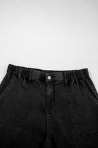 Plus Size Denim Elastic Waist Ruffle Wide Leg Pants