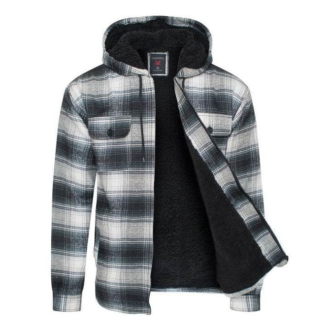 Men's Flannel Sherpa Lined Jacket with Hood - VacationGrabs