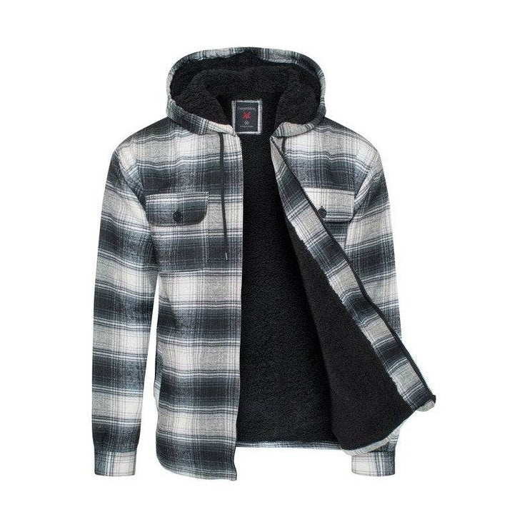Men's Flannel Sherpa Lined Jacket with Hood - VacationGrabs