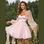 Sweetheart Neck Balloon Sleeve Mini Dress - VacationGrabs