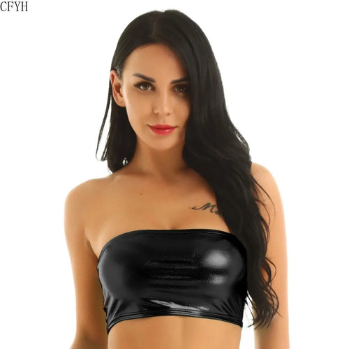 Woman wearing a black shiny sexy thin tube top clubwear with long dark hair and red lipstick