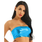 Blue shiny sexy thin tube top clubwear worn by woman with long black hair and red lipstick