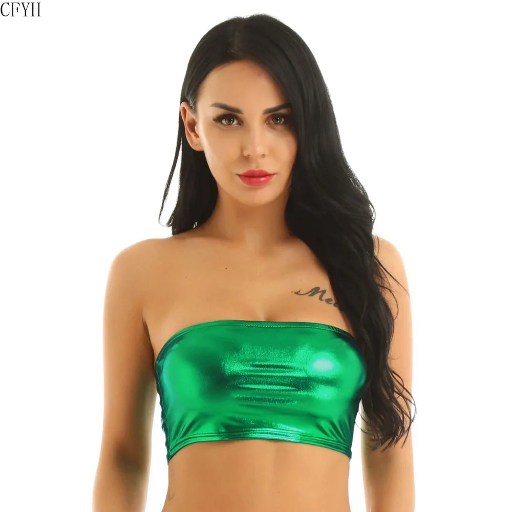 Green shiny sexy thin tube top clubwear modeled by woman with long black hair