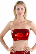 Woman wearing a shiny red sexy thin tube top clubwear perfect for parties and nightlife