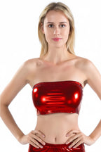 Woman wearing a shiny red sexy thin tube top clubwear perfect for parties and nightlife
