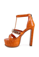 Stylish Rag Company chain accent high heels in orange with a platform design and adjustable ankle strap