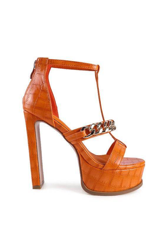 Rag Company chain accent high heels in orange with a platform for a stylish look
