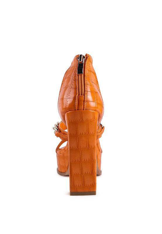 Rag Company chain accent high heels in orange with a stylish block heel and zipper closure