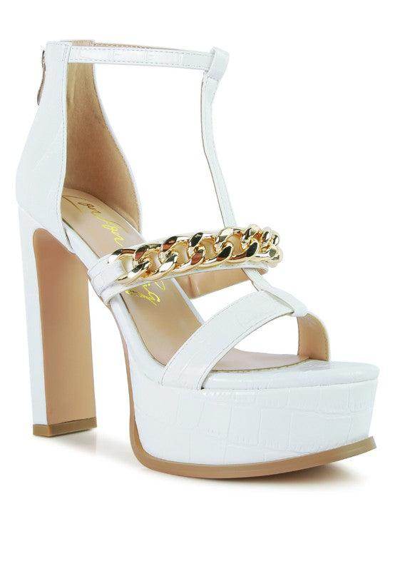 White chain accent high heels with a platform and bold gold detail for stylish women's footwear
