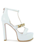 Rag Company white chain accent high heels featuring a platform and stylish T-strap design