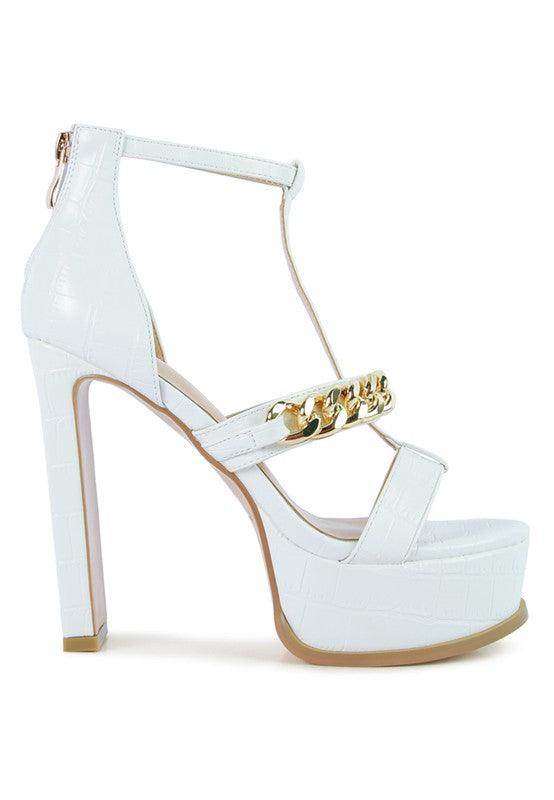 Rag Company white chain accent high heels featuring a platform and stylish T-strap design