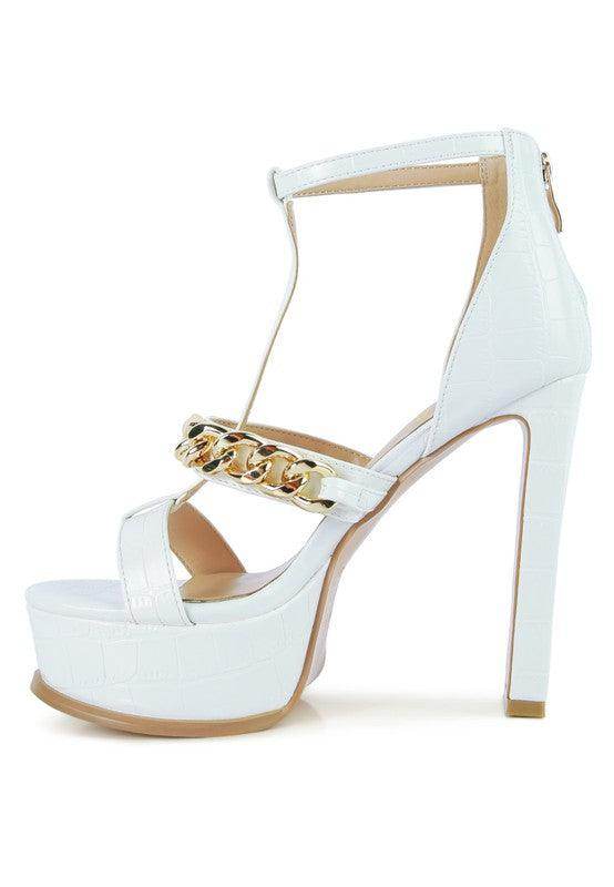 Stylish white chain accent high heels with a platform and ankle strap for a chic look