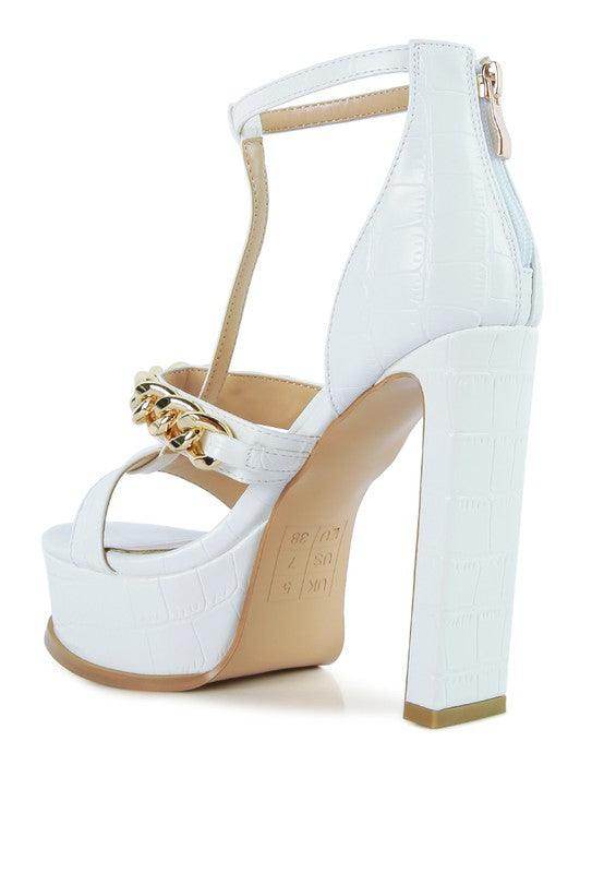 Rag Company White Chain Accent High Heels with Crocodile Texture and Platform Sole