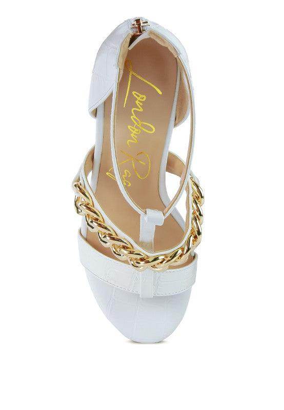 Rag Company women's chain accent high heels in white with stylish gold chain detail