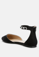 Black chain embellished flat sandals with ankle strap and zipper detail from London Rag International
