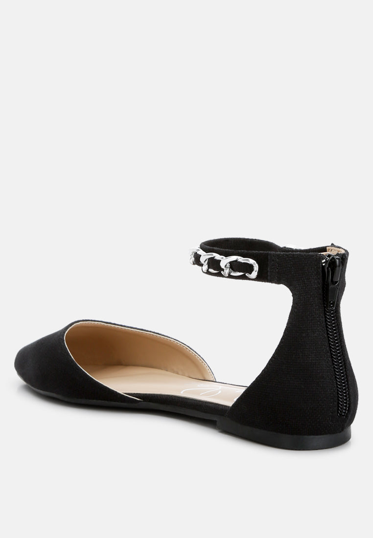 Black chain embellished flat sandals with ankle strap and zipper detail from London Rag International