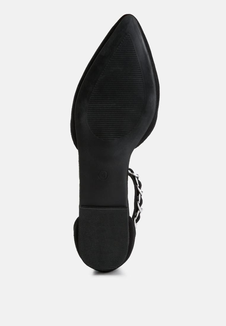 London Rag International chain embellished flat sandals with a sleek pointed toe design in black