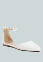 London Rag International chain embellished flat sandals in white with ankle strap and pointed toe design