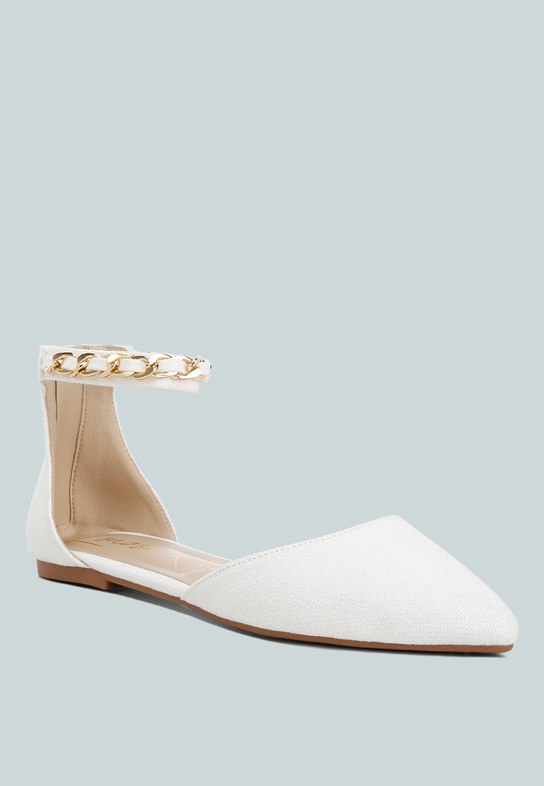 London Rag International chain embellished flat sandals in white with ankle strap and pointed toe design