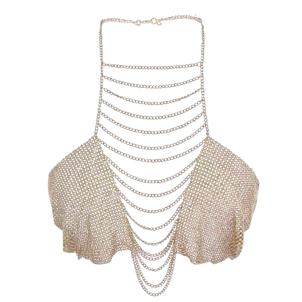 Women's chain metal top in metallic gold, perfect for beach parties