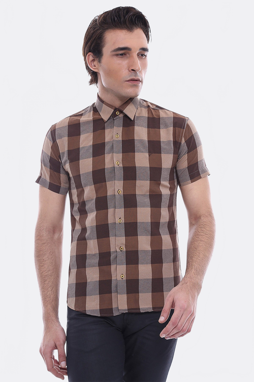 Checked Short Sleeve Brown Men Shirt – front view