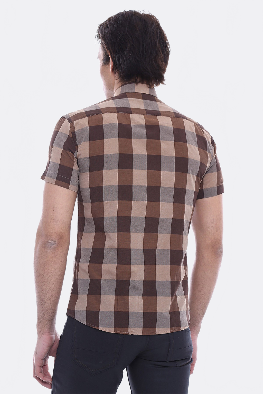 Checked Short Sleeve Brown Men Shirt – side view