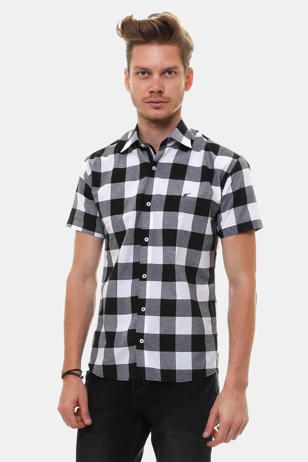Checked Short Sleeve White-Black Men Shirt – front view