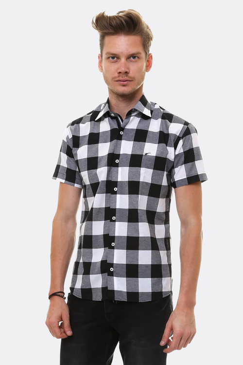 Checked Short Sleeve White-Black Men Shirt – front view