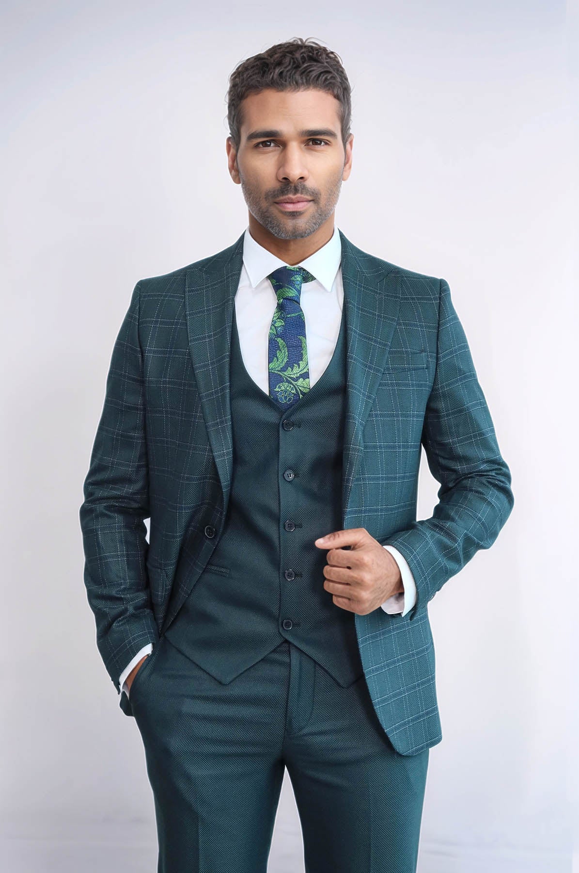 Checked Slim Fit Green Men Suit by Wessi – styled view