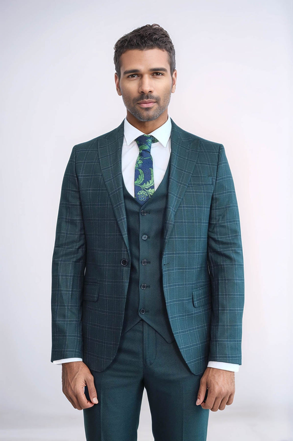 Checked Slim Fit Green Men Suit by Wessi – close up view